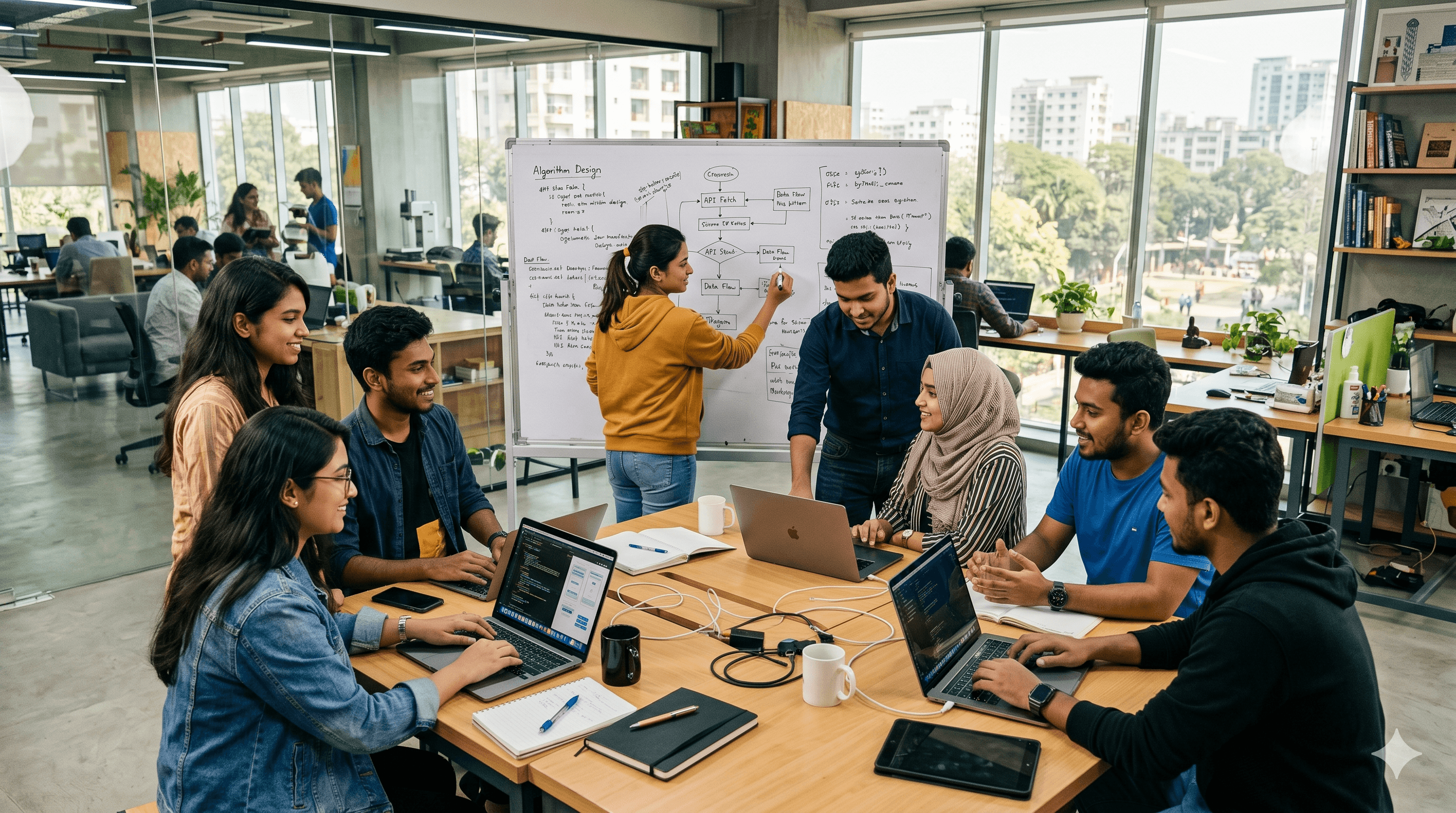 University students collaborating on technology projects